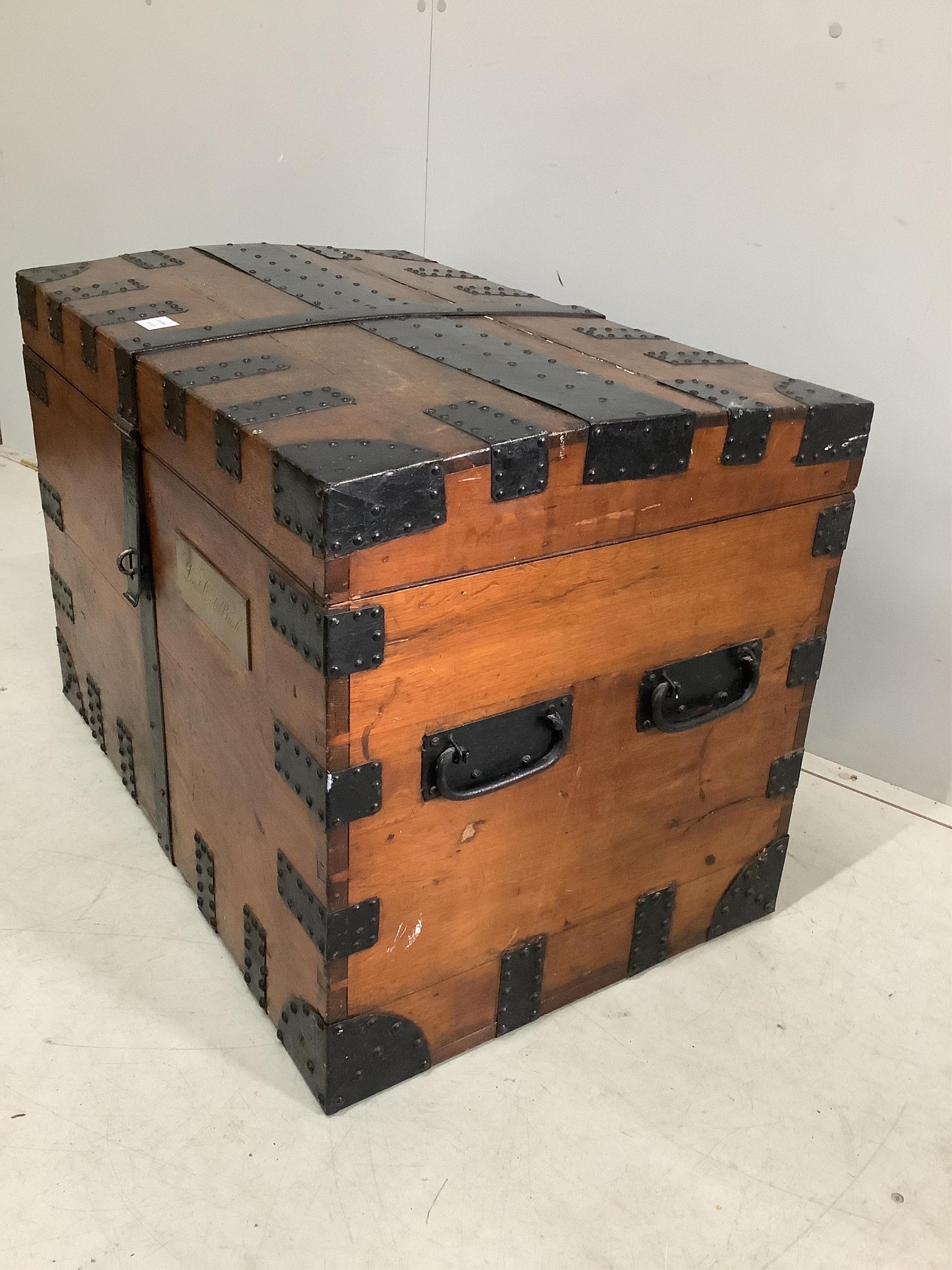 A Victorian oak and iron bound silver chest, brass plaque engraved Lieut. Col. Bush, width 86cm, depth 55cm, height 60cm